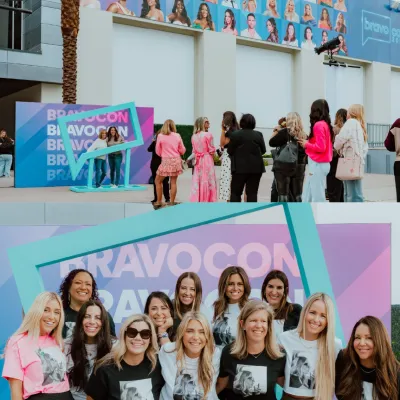 Fans in matching T-shirts pose outside the BravoCon venue