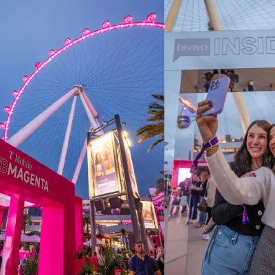 Fans take a selfie at the Bravo Insider entrance near the Las Vegas observation wheel